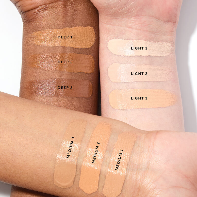 A close up of three wrists showcasing 3 skin tones of light, medium and deep showcase the shade range for Mary Kay&reg; Multi-Benefit Concealer
