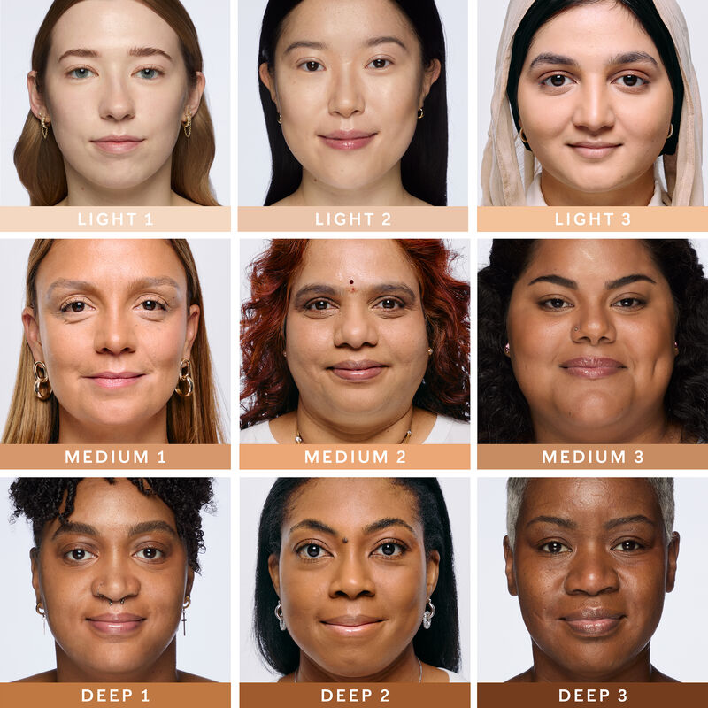 Various models showcase the shade range of Mary Kay&reg; Multi-Benefit Concealer in shades ranging from Light 1 to Deep 3