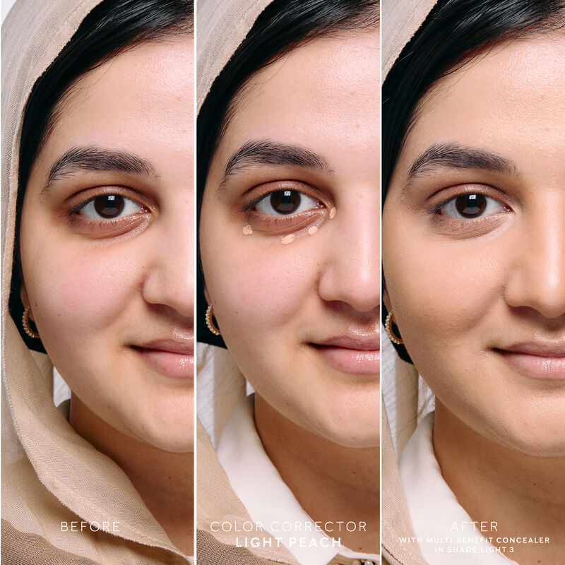 Female model image with light skin tone  showing the before and after effect of application and blending of Mary Kay Undereye Corrector in Light Peach