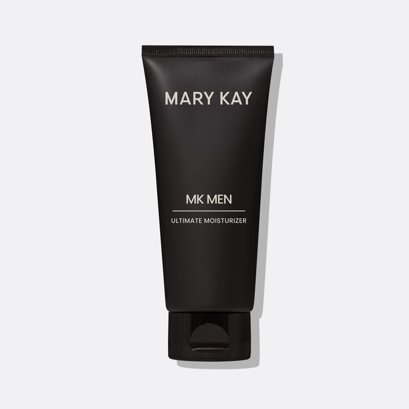 Bottle of MKMen Ultimate Moisturizer standing on its cap against a plain background