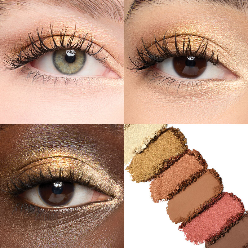 Collage of simple eye looks using Ignited Ivory and Gold Greatness from the limited-edition Mary Kay Eye Shadow Palette in Inner Fire on light, medium