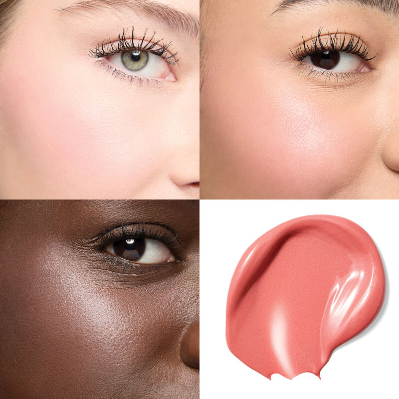 Collage of cheeks wearing limited-edition Mary Kay Gel Cream Blush in Pink Stars on light, medium and deep skin tones as well as swirling swipe of sha